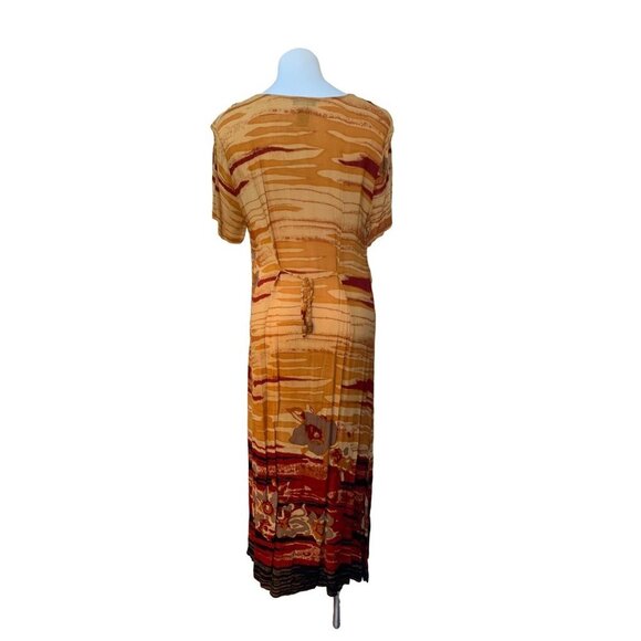 Vintage 90s Maxi Dress Abstract Watercolor Floral Tie Back Size Medium Rust Must - Picture 5 of 8